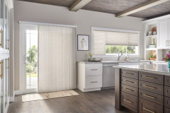 Door: 3/4" Single Cell Slide-Vue??? Cellular Shade: Prestige, Beige Influence 0590 Windows: 3/4" Single Cell Cellular Shades with Cordless Lift, Three on One Headrail: Prestige, Beige Influence 0590