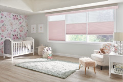 Perfect-Vue??? Shades with Cordless Lift: 2" Pleated Shades: Serendipity, Heavenly 5800 (top) and 1/2" Double Cell Cellular Shades: Sanctuary, Pink Rose 1465 (bottom) with 4 1/2" Symphony Cornice with Keystone: Custom Color