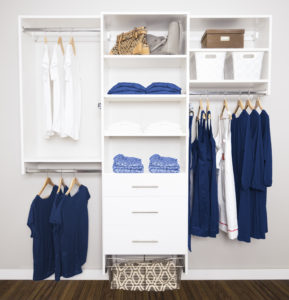 Closets with blue and white clothes